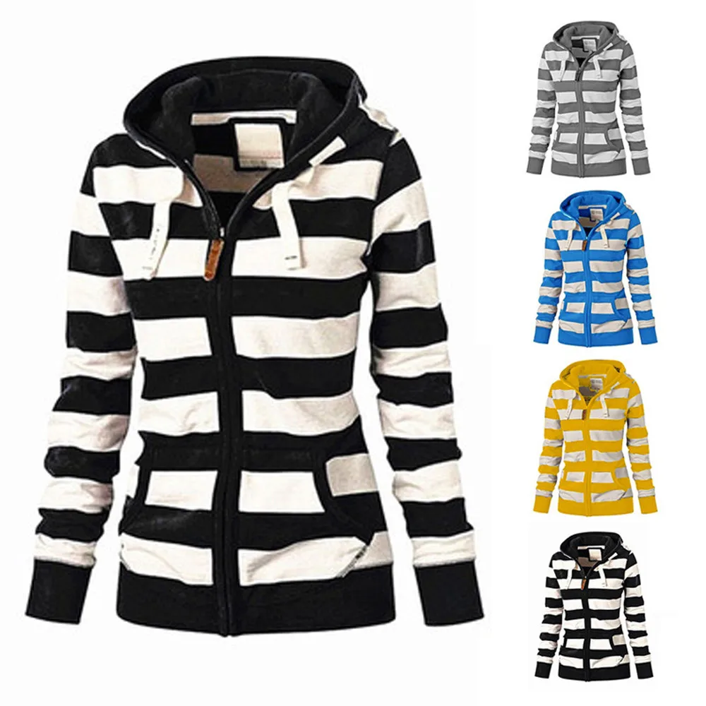 

ISHOWTIENDA Plus Size Women Hoodies Zipper Tops Striped Hoodie With Pocket Hoodies Coat Slim Fit Casual Sweatshirt Poleron Mujer