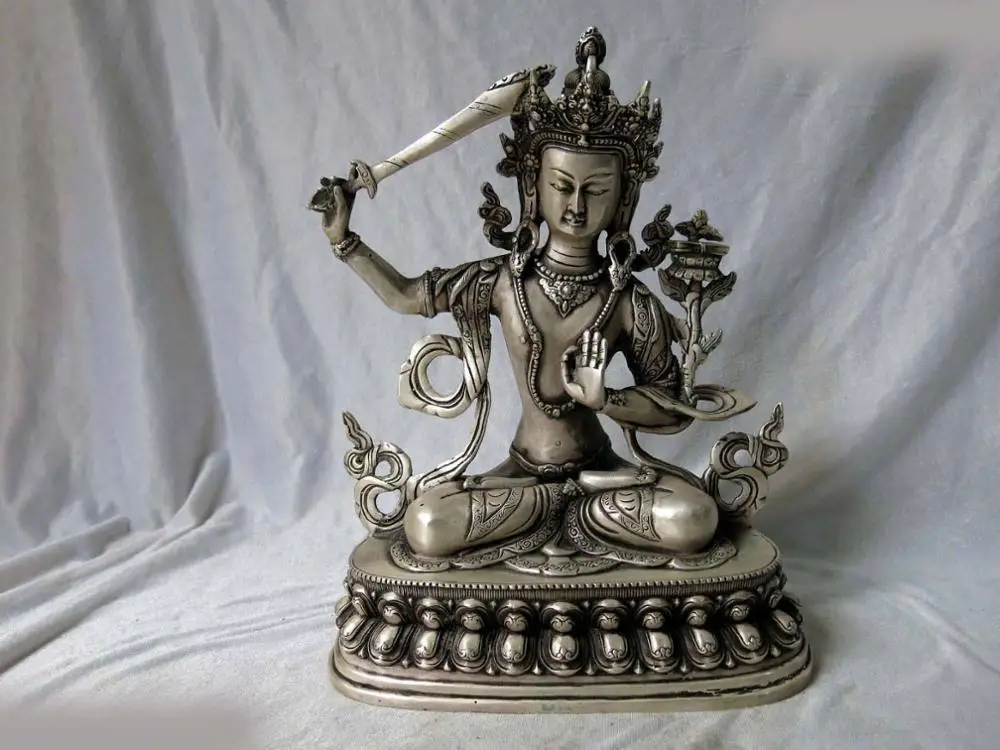 

12" China silver Buddhism Manjusri Kwan-yin Bodhisattva buddha Sculpture Statue