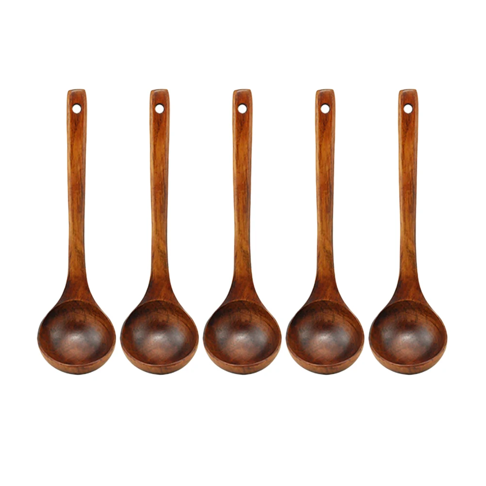 5 Pcs Soup Spoon Wooden Natural Long Handle Round Stirring Spoon