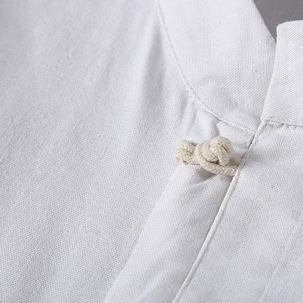 Летняя мужская тонкая белая рубашка из хлопка и льна с коротким рукавом, повседневные однотонные топы со стоячим воротником размера плюс, мягкая Мужская модная рубашка