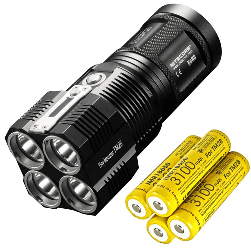 Beste NITECORE TM28 4 * CREE XHP35 HI 6000LM beam afstand 655 M LED Zaklamp met Lader en 4 stks 18650 3100 mAh ion batterijen