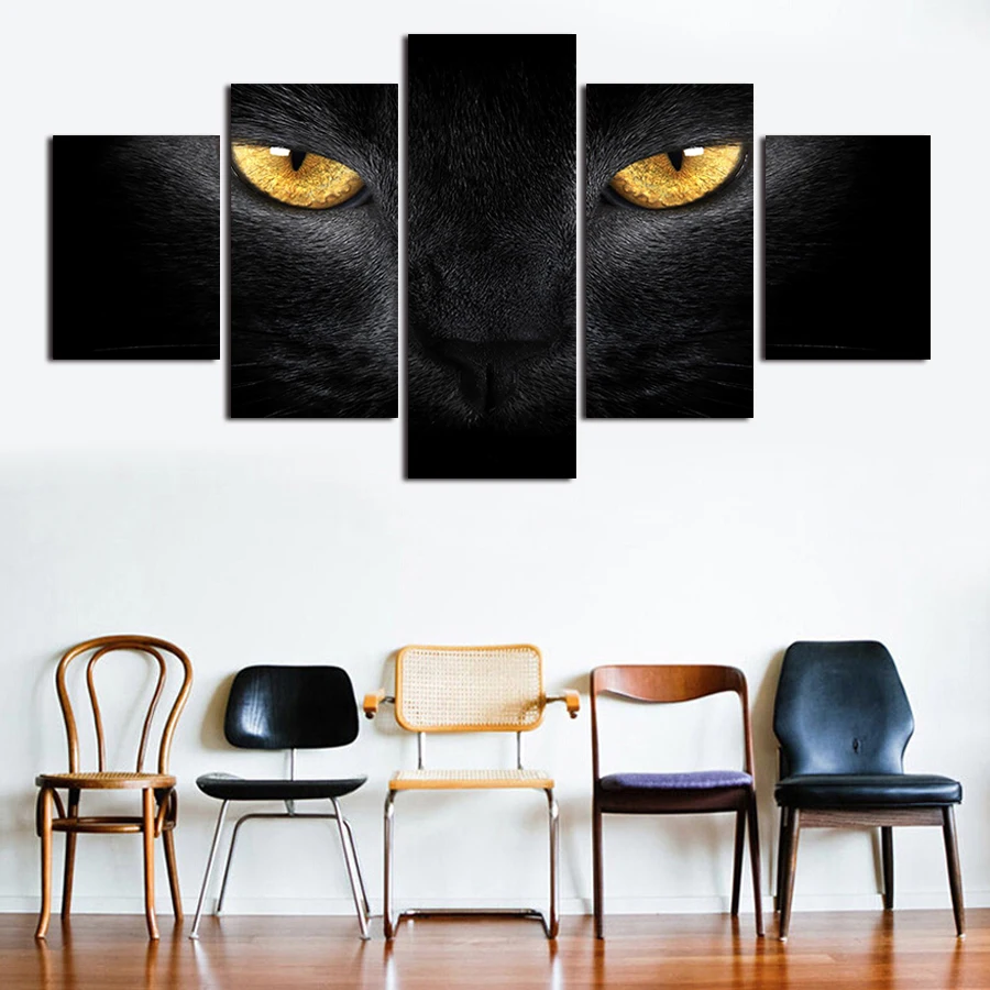 

Canvas Painting Wall Art Home Decor Living Room 5 Pieces Golden Eyed Black Cat Poster Modular HD Prints Abstract Animal Pictures