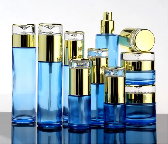 

10pcs Elegant Blue Glass Lotion Pump/Spray Bottle With Gold Acrylic Cover, High Grade Facial Cream Jar, DIY Makeup Tool