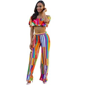 

Rainbow Striped Sexy Two Piece Set Summer Set Women Off The Shoulder Crop Top and Pants Set Beach Party Women Two Piece Outfits