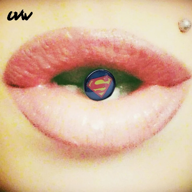 

UVW126 1pc 316l Acrylic Cartoon Supermen Tongue Rings Barbell Stud Piercing Rings Body Jewelry Punk Black Fashion Piercings