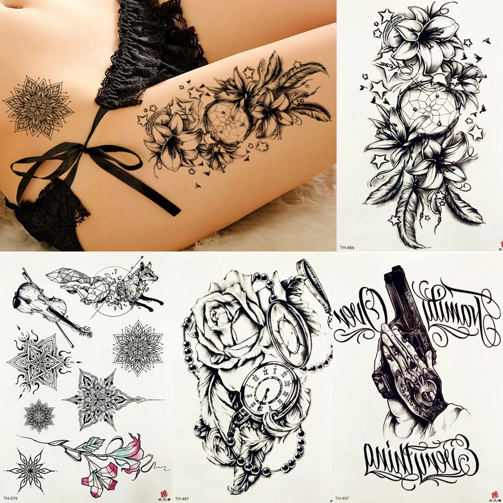 

FANRUI Morning Glory Totem Dreamcatcher Temporary Tattoo Sticker Feather Star Black Tatoo Draw Fake Tatoo Body Art Waist Leg