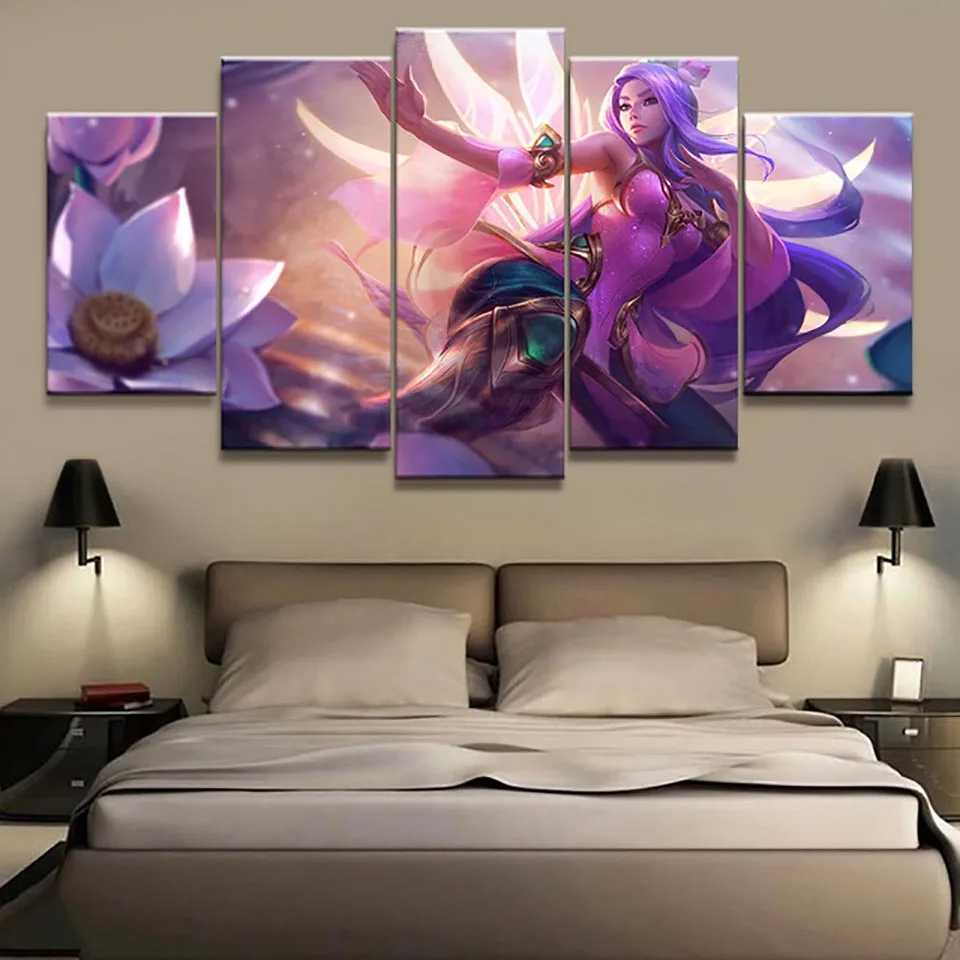 

Home Decor Canvas Prints Posters Wall Art 5 Panel League Of Legends Painting For Modern Bedside Background Modular Picture Frame