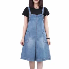 Большие размеры, XL-5XL, летние джинсовые комбинезоны, брюки для женщин,, тонкие хлопковые джинсы на бретелях с карманами по колено, широкие повседневные штаны G407