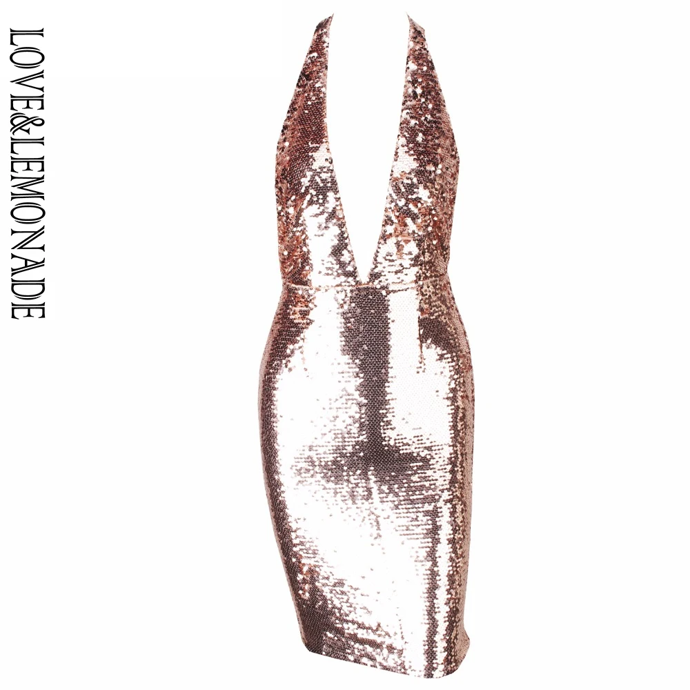 

Love&Lemonade Gold Reflective Sequins Open Back Party Dress TB 9839