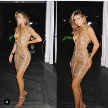 

Halinfer 2018 New Autumn women dress sexy bodycon Deep V-Neck Mini Chain Rayon Bandage Elegant celebrity party dress vestidos