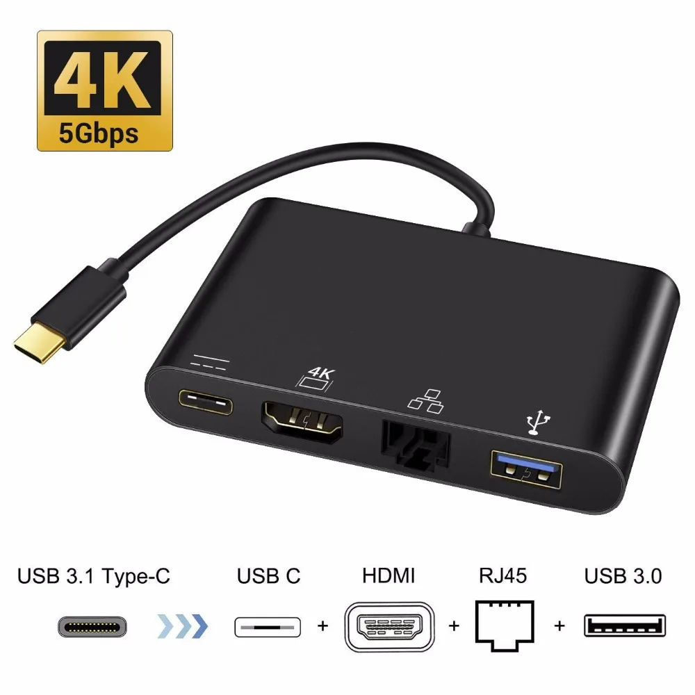 

4 in 1 Type c to HDMI 4K Port USB 3.0 Hub Thunderbolt 3 dock with Lan RJ45 Network and USB C PD Charge Port Adapter For Dell XPS