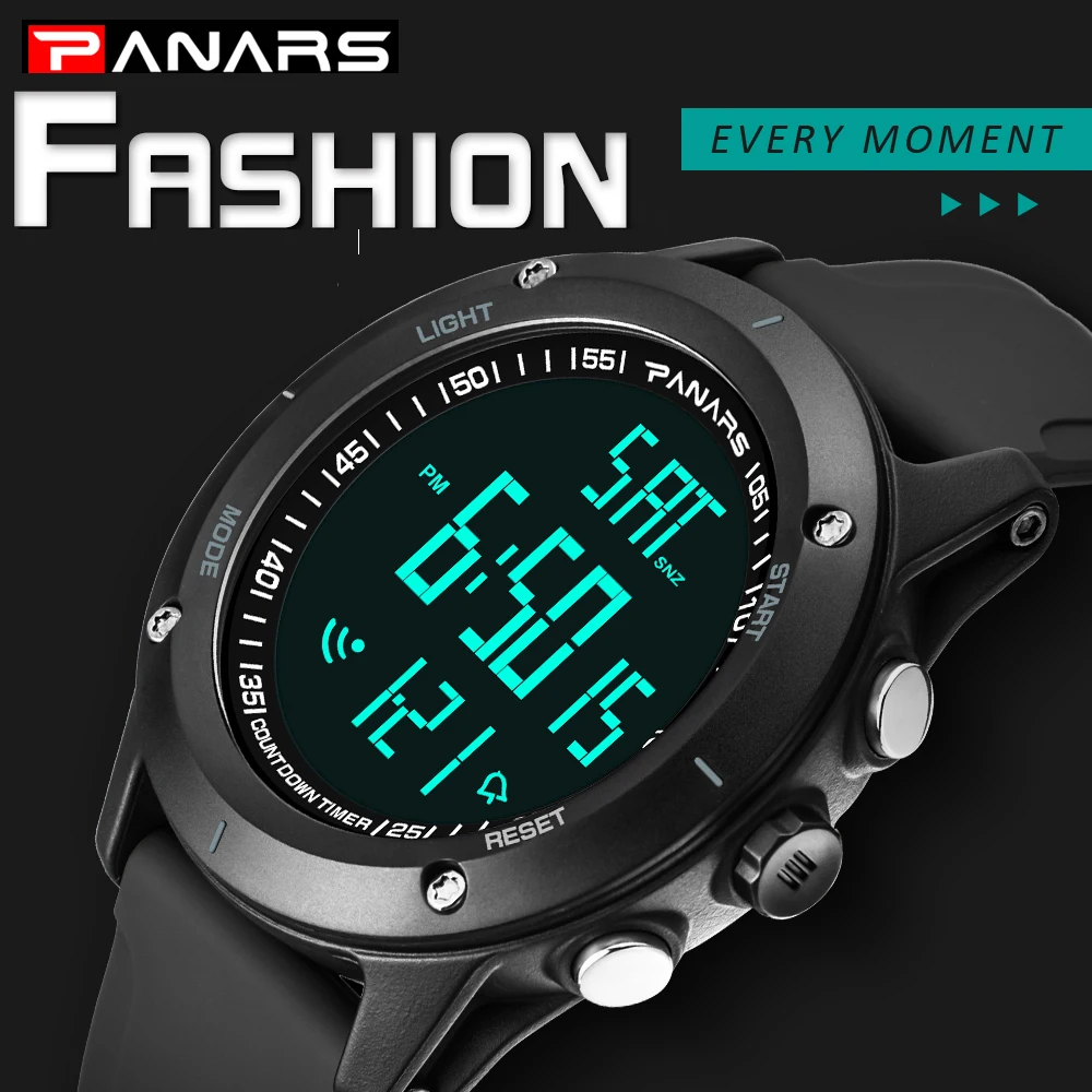 

PANARS Men's Watch Large Face Diving Fitness Water Resistant 12/24 Hour Countdown Timer Digital Watch LED Wrist Watches Male