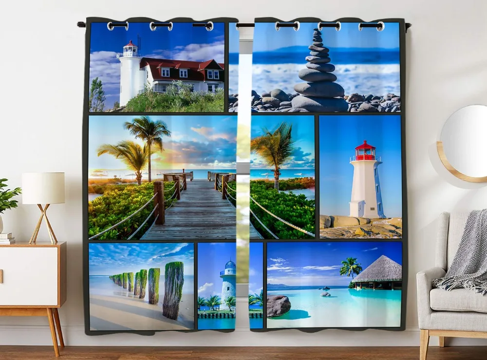 

HommomH Curtains (2 Panel) Grommet Top Darkening Blackout Room Seaside Landscape Stitching Lighthouse Coco Blue