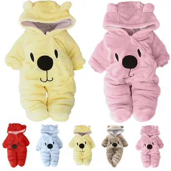 

Cute Romper Newborn Baby Girl Boy Simple Solid Fashion Lovely Cartoon Bear Velvet Hooded Jumpsuit Romper Clothes mameluco bebe