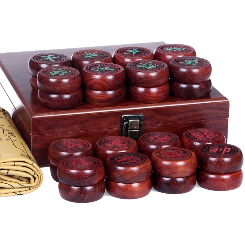 High-grade Ebony&Safflower Pear Wooden Chinese Chess Large Pieces Boutique Box Loading Simulation Leather Chessboard Games Gifts