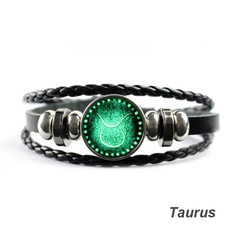 Светящиеся в темноте 12 созвездий браслет для мужчин и женщин оснастка Кнопка кожаный браслет "Знаки" зодиака ювелирные изделия для мужчин - Окраска металла: Taurus