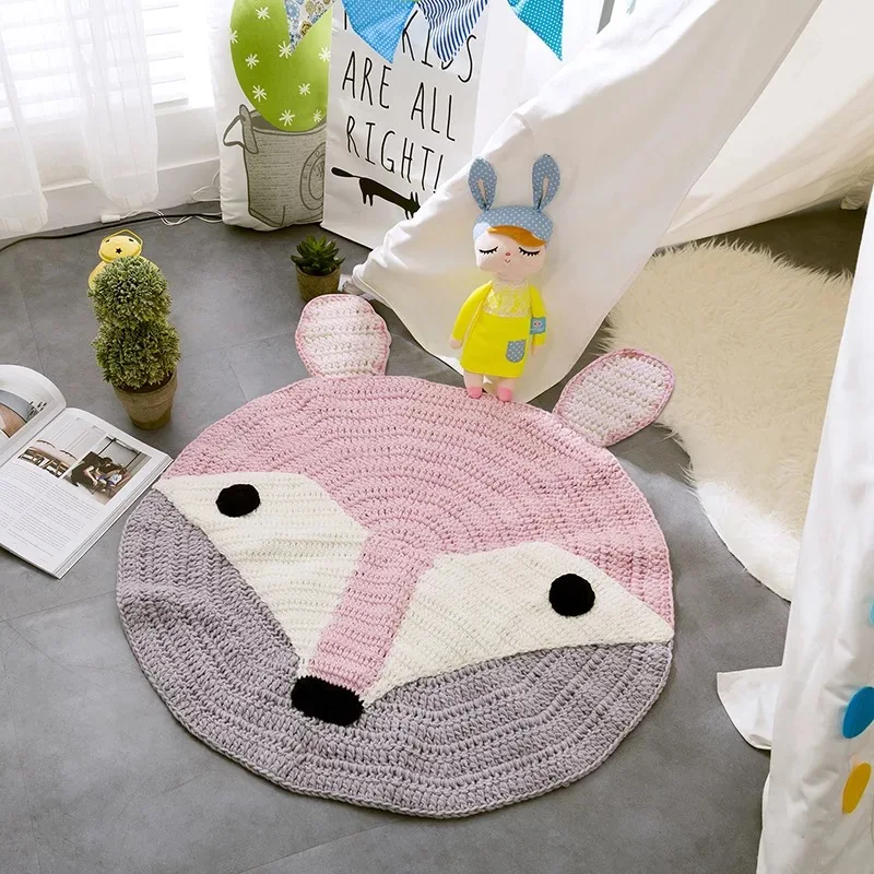 

Nordic Style Handwriting Animal Mats Children Carpet Knitted Woolen Blankets Cartoon Pattern Baby Crawling Mat For Baby Gift