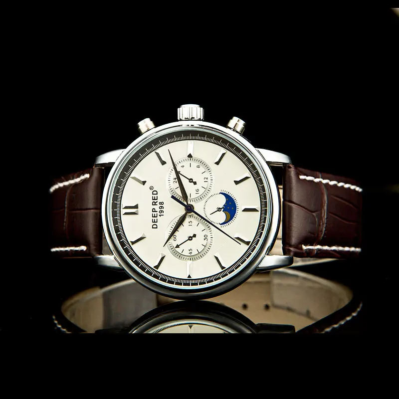 DEEPRED классические мужские нарядные часы с фазой Луны, кварцевые наручные часы с кожаным ремешком, мужские часы