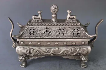 

6"Tibet buddhism silver Eight treasures Dragon Deer Bird incense burner Censer