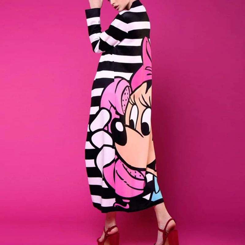 

Minnie Black and White Striped long Dress Women Mickey Mous Cartoon Loose Cute big hem casual vestidos Miki Birthday Party Dress