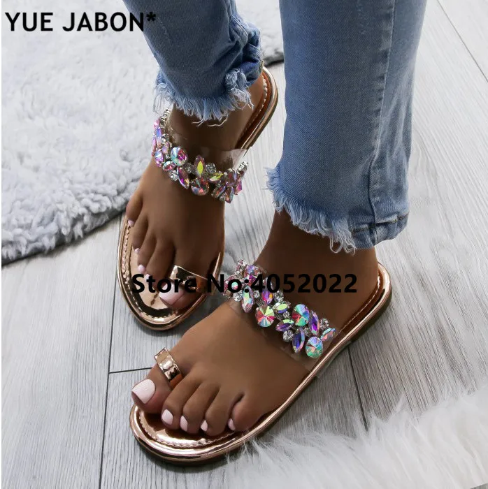 YUE JABON/красочные тапочки; блестящие брендовые туфли; повседневная обувь на плоской подошве; шлёпанцы; пляжные вьетнамки; женские сандалии со стразами