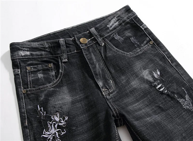 Newsosoo модные Для мужчин рваные вышитые джинсы брюки черные прямые Проблемные джинсовые брюки с цветочной вышивкой Размеры 29-38