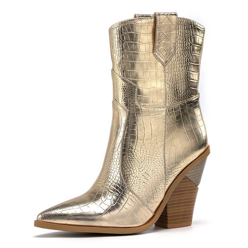 Новые зимние ковбойские ботинки для женщин; ковбойские ботинки на высоком каблуке с мехом внутри; Модные женские ботильоны; цвет золотистый, Серебристый; женская обувь - Цвет: Золотой