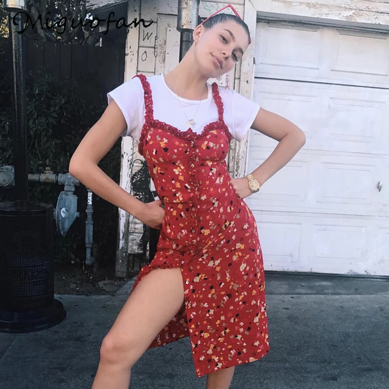 

Miguofan 2019 Sweet Floral Print Red Women Slip Dress Split Buttons Sexy Backless Spaghetti Strap Dresses Female Summer Autumn