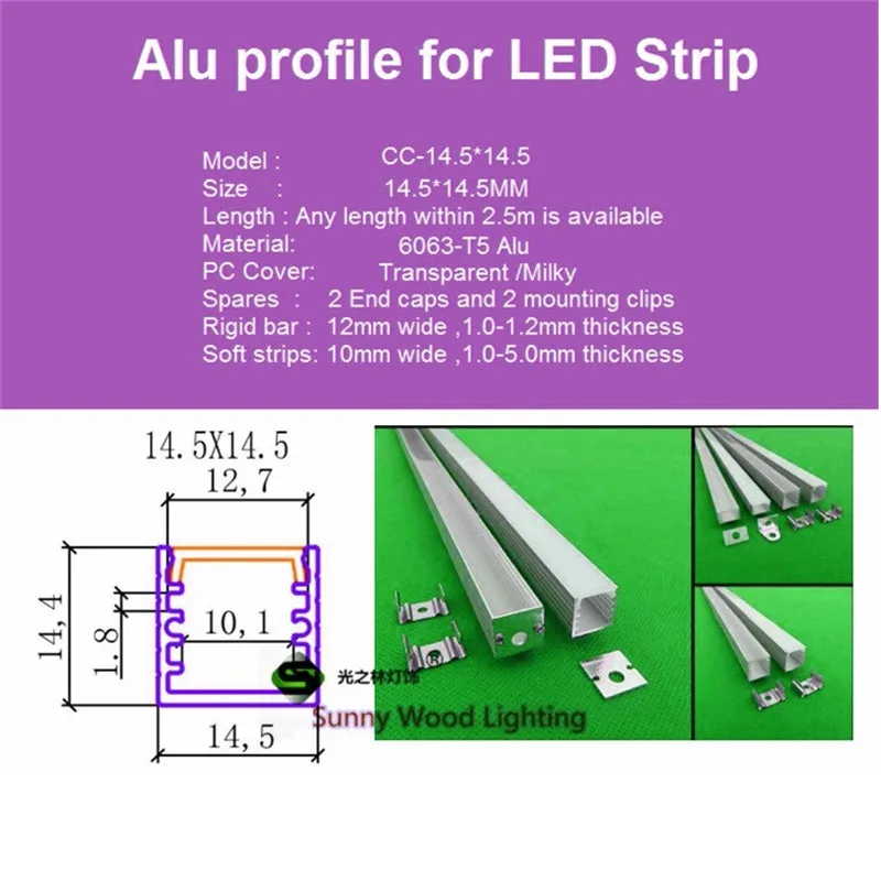 10x1 м квадратный алюминиевый профиль для светодиодной ленты, молочный/Прозрачный чехол для 11-12 мм pcb с фитингами, лента светового корпуса