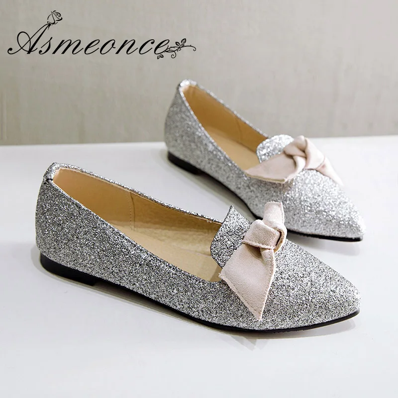Cute Bow Pointed Toe Women Flats Lady Sequined Cloth Slip on Flat Shoes Woman Loafers Summer Moccasins Gold Silver Black