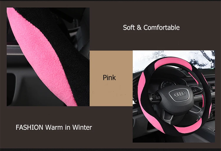 DERMAY Fur Car Steering Wheel Covers Winter Warm Plush Steering Wheel Cover Interior Accessories