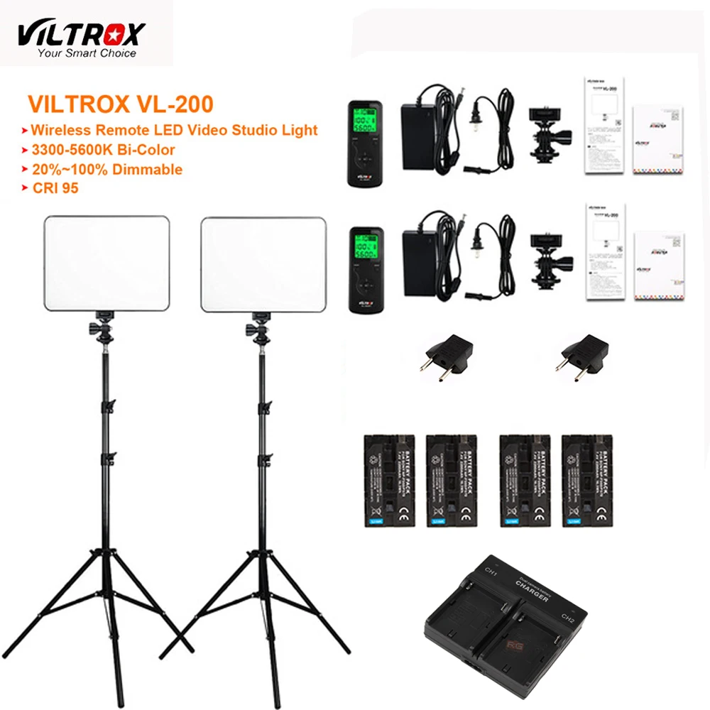 

2x VILTROX VL-200 Ultra Thin Dimmable Bi-color LED Video Light Kit / 3300K-5600K CRI 95 + 2x Light Stand+1xcharger+2xNP-F550