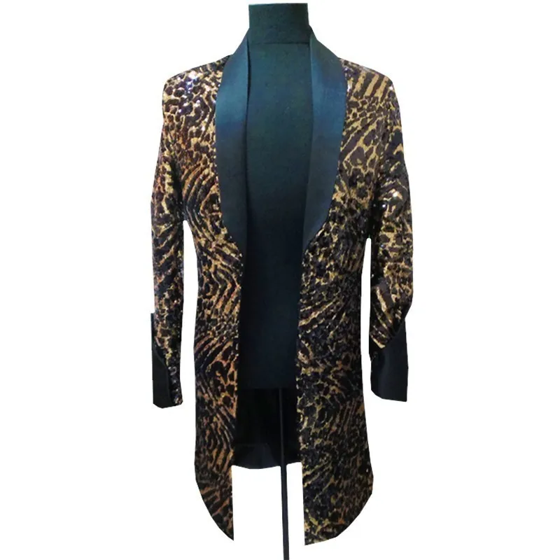 

Leopard Long Jacket Men Singer DJ Nightclub Jlogn Blazer Men With Black Collar Men Fancy Long Blazer Men Suit Jacket Plus 5xl