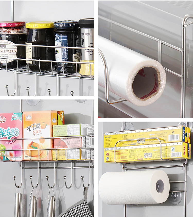 ORZ Fridge Organizer Stainless Steel Kitchen Storage Rack Fridge Side Shelf Storage Hooks Kitchen Accessories Organizer Holder