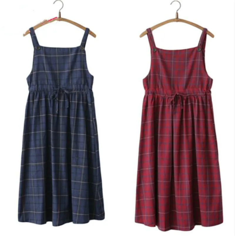 

Summer Suspender Midi Dresses Women Mori Girl High Waist Long Red Cute Preppy Japanese Casual Pleated Plaid Strap Dress