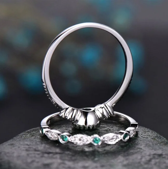 Size 5-10 Vintage Fashion Jewelry 925 Sterling Silver Round Cut Green&Blue AAA Cubic Zirconia Couple Rings Women Bridal Ring Set
