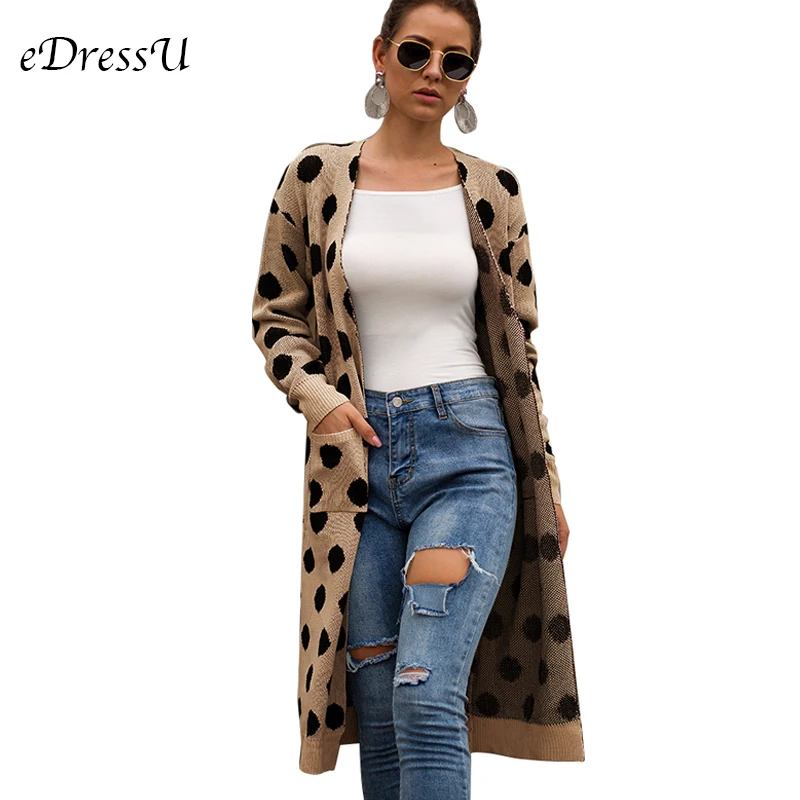 

Long Cardigan Women Knitted Jacket Autumn Winter Long Coat Sweater Vintage Polka Dot Khaki Black Office Lady Outwear SJ-VD3086