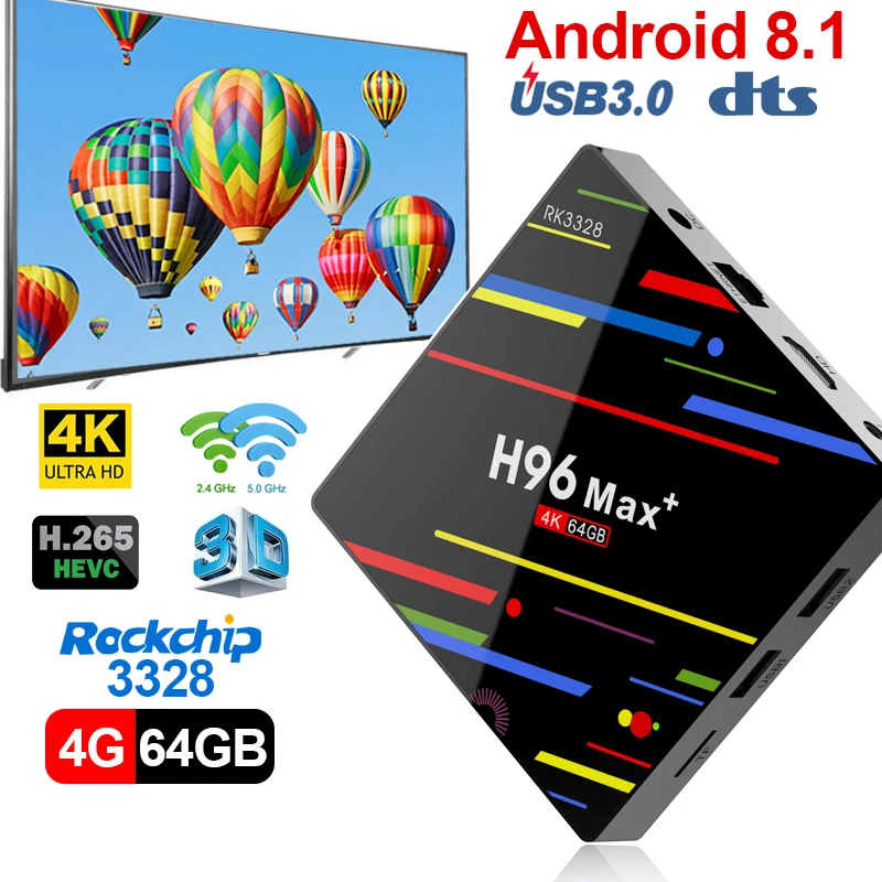 

H96 MAX Plus Android 8,1 smart TV Box 4 GB RAM 64 GB ROM Set Top Box RK3328 2,4 g/5G Wifi 4 K H.265 4 GB 32 GB Media Player