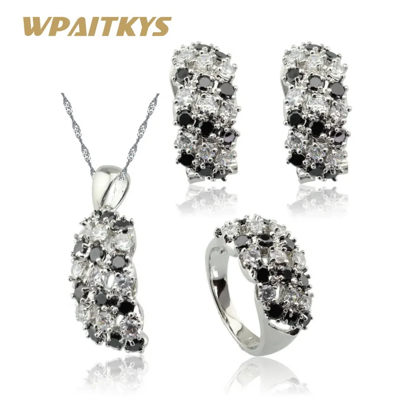 

WPAITKYS White Black Cubic Zirconia Silver Color Jewelry Sets Necklace Pendant Earrings Rings For Women Christmas Free Gift Box
