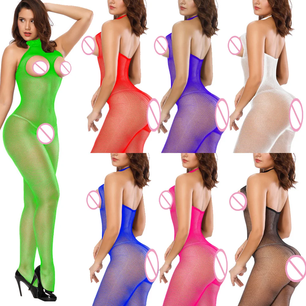 Sexy Fishnet Lace Seduction Choker Backless Bodystocking Catsuit Lingerie Open Crotch Bra Cup Bust Underwear Costumes Jumpsuit