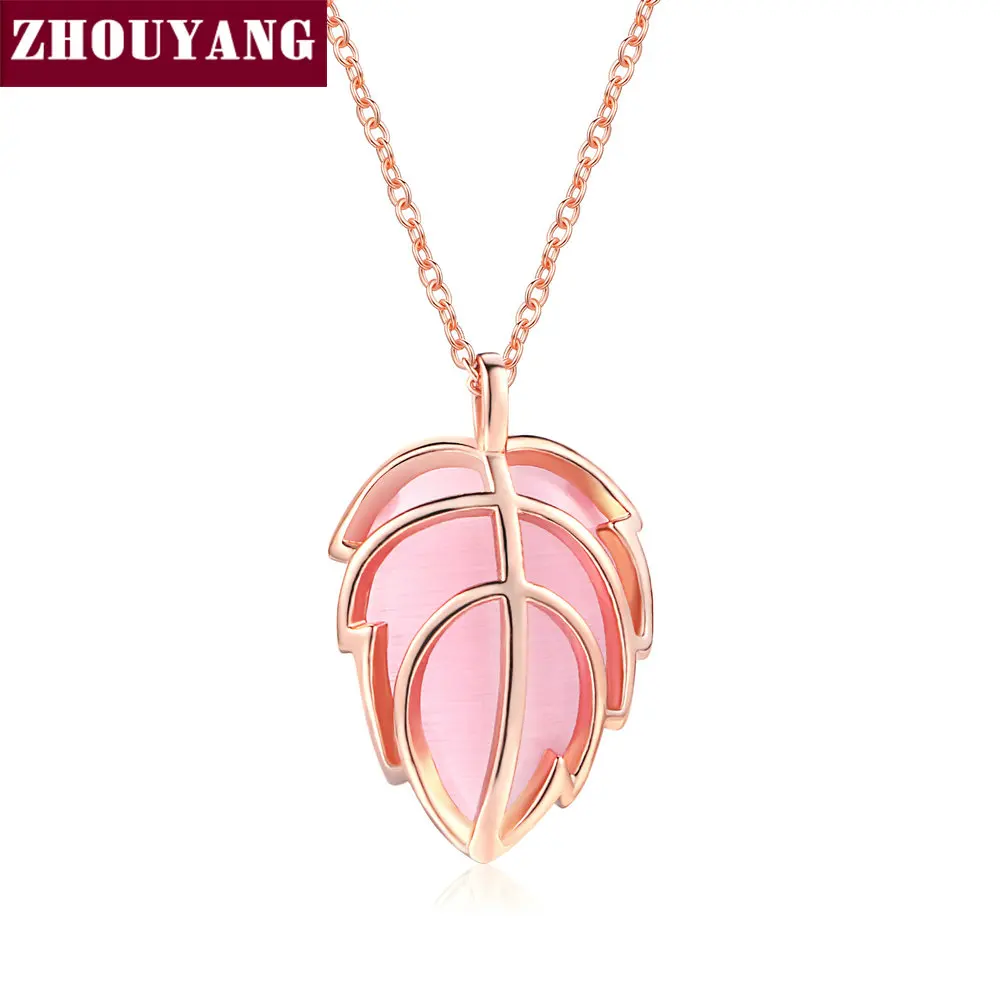 

ZHOUYANG Pendant Necklace For Women Pink Leaf Rose Gold Color Made With Semi-precious Stone Gift Fashion Jewelry N275