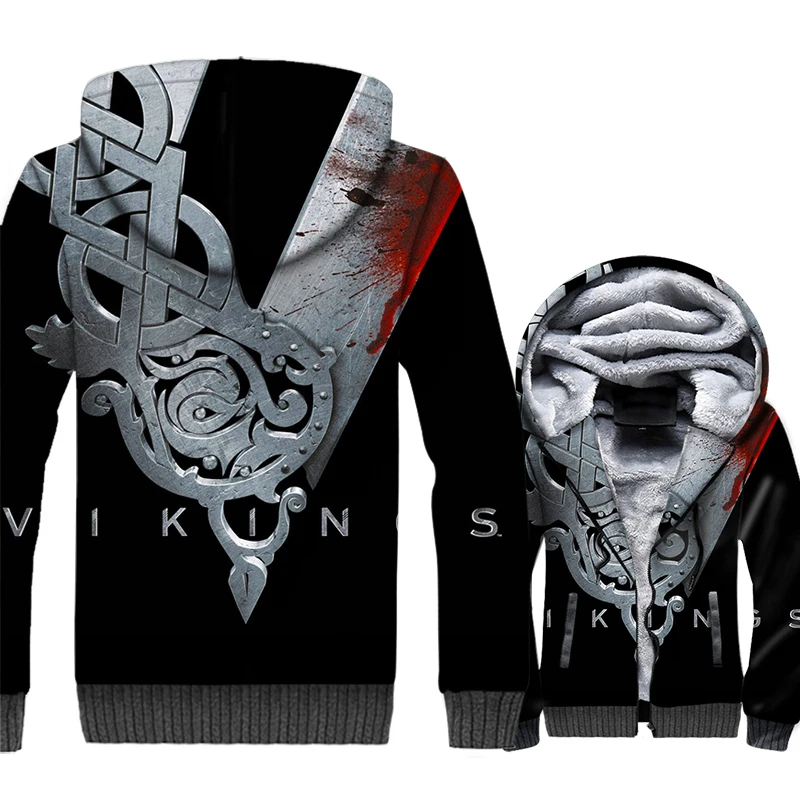 

Fashion Black Coat For Men 2019 Winter Thick Zipper Hoodies 3D Vikings Anime Sweatshirts Cool Unisex Fleece Tracksuit Streetwear