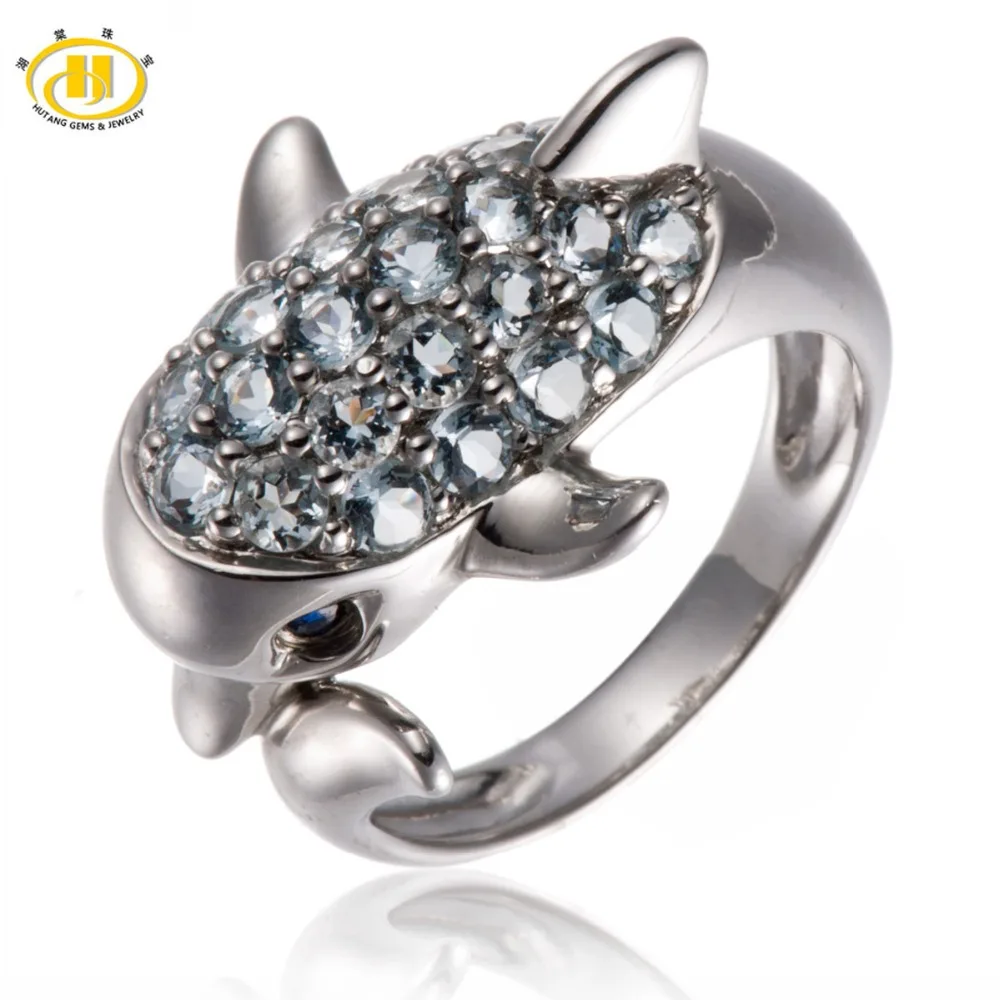 

Hutang Natural Aquamarine & Sapphire Gemstone Rings Solid 925 Sterling Silver Dolphin Ring Fine Jewelry For Women's Party Gift