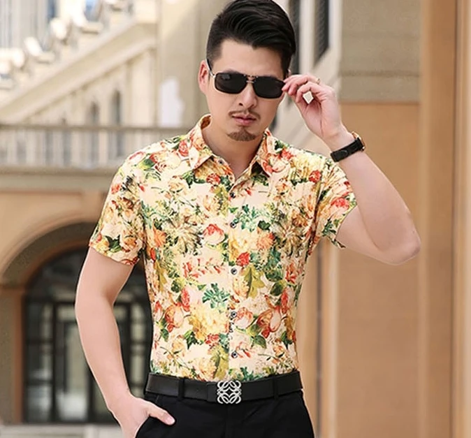 Mens Orange Green Floral Shirt Slim Fit 