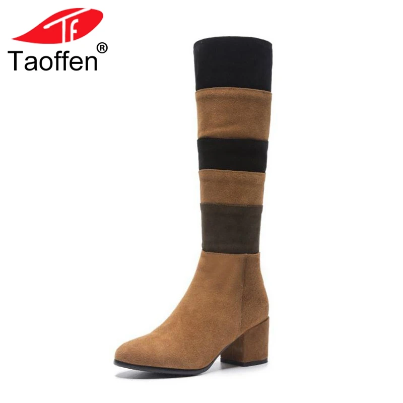 

TAOFFEN Size 33-43 Women High Heels Boots Real Leather Woman Shoes Mixed Color Knee Boots Fashion Ladies Winter Warm Boots