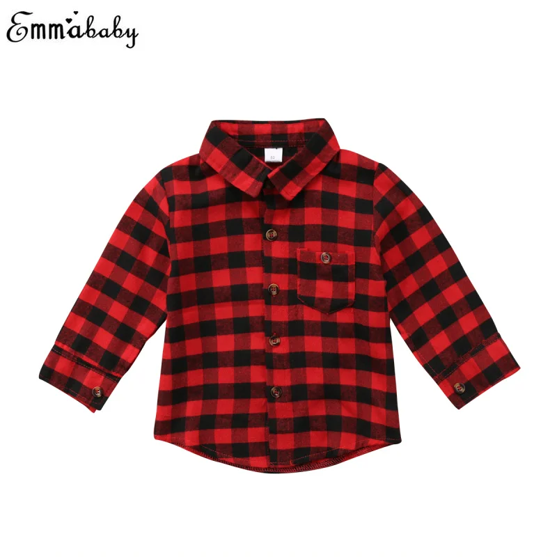 

2018 Kids Red Plaid Blouse Boy Girl Plaid Check Shirt Long Sleeve Button Down Blouse Pocket Tops Back Letter Printed 1-7Y