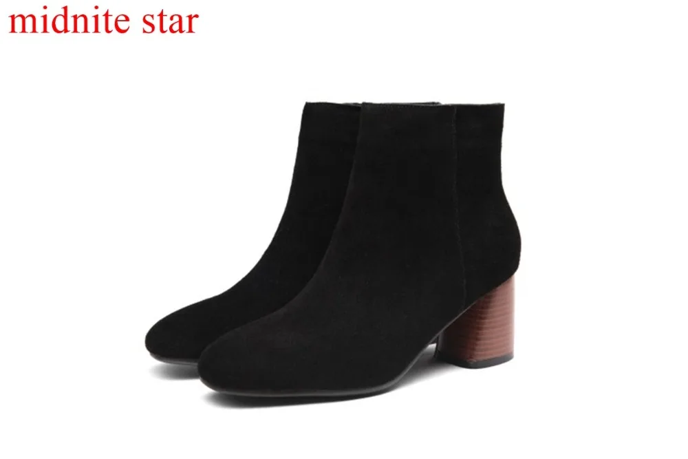 

midnite star Winter Fashion Leisure Zip Black light Brown Warm Ankle Boots High Mid Heel Ladies Boots Lady Cow Suede Winter Cold
