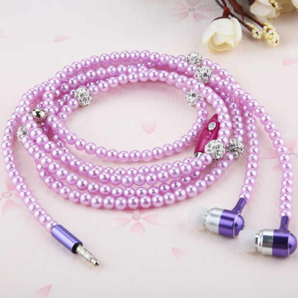 

Fashion Earphones Luxury Bling Rhinestone Pearl Necklace Earphone For iphone Samsung Stereo Earbud Auriculares Lady Women Gift