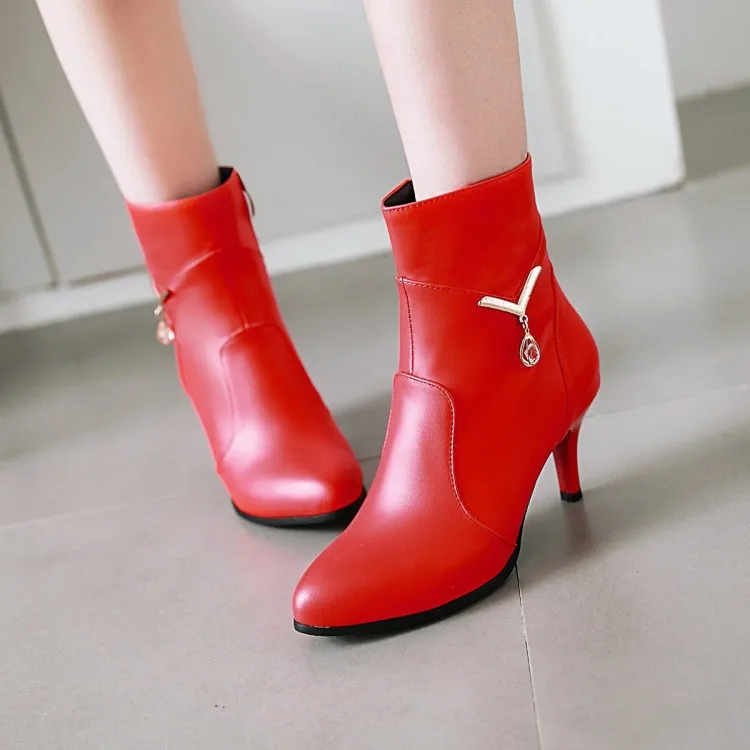 

Big Size 11 12 13 14 15 16 17 Ma'am Fine heel Short boots Pure color Metal decoration High heel boots