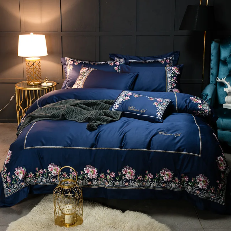 

Blue European Style Exquisite Embroid 100% Pure Cotton Satin Bedding Set Duvet Cover Bed Linen Bed sheet Pillowcases 4/6/7Pcs
